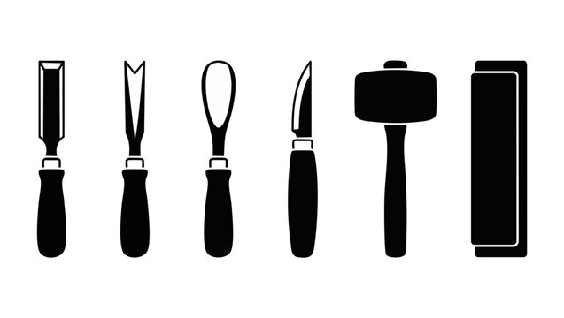 Woodworking carving tools set icon, professional wood craft equipment silhouettes including mallet, chisels and gouge for sculpture, carpentry, manual DIY woodwork workshop vector illustration design.