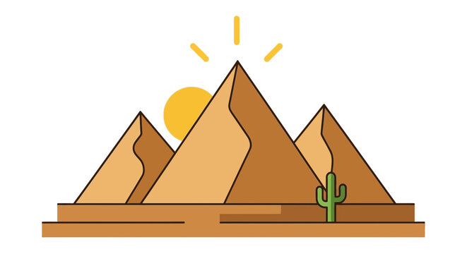 砂漠の風景で、三つの山とサボテンが描かれ、太陽が昇る様子が表現されている。