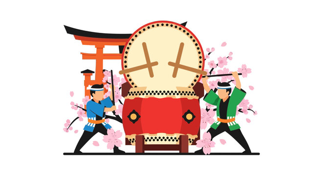 祭りで太鼓を叩く二人の男性と桜の花びらが舞う様子を描いたイラストです。