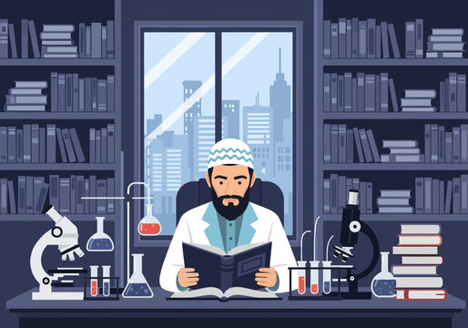 科学者が実験室で本を読みながら研究を行っている様子。背景には都市の高層ビルが見える。