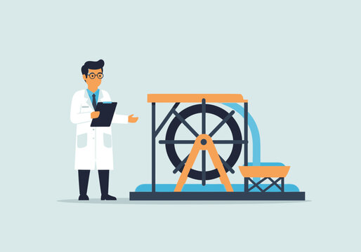 科学者が水車を観察し、記録を取っている様子。