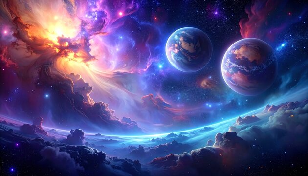 Celestial nebulae frame two luminous orbiting worlds