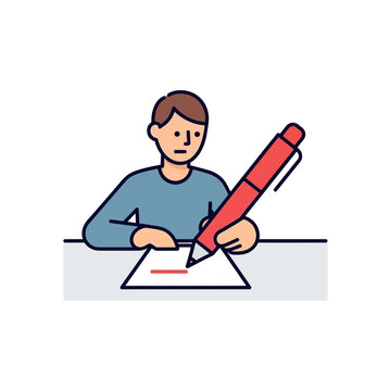 紙に書き込みながら大きなペンを使っている人物のイラストです。