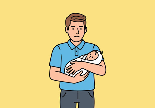 若い男性が赤ちゃんを優しく抱きしめているシンプルなイラストです。