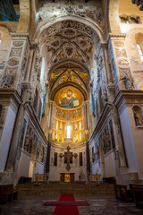 Fototapeta premium Christus Pantokrator in the apse, The Cathedral, begun in 1131, in Sicilian Romanesque style, Cefalù, Sicily, Italy