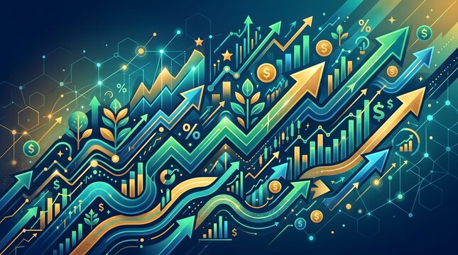 Grafik Pertumbuhan Ekonomi Digital dengan Panah Keatas dan Simbol Mata Uang