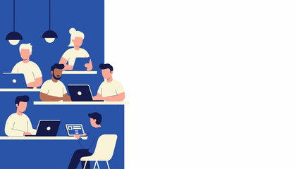 Diverse Professionals Working on Laptops in a Modern Coworking Space Office with Copy Space, Flat Vector Illustration © Fariz