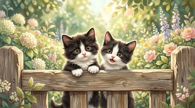 Two adorable kittens with white markings peeking over a rustic wooden fence in a blooming garden