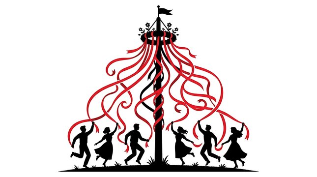 Silhouettes of people dancing around a maypole with red ribbons silhouettes celebration tradition
