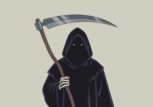 黒いローブを着た死神のキャラクターが大きな鎌を持ち、暗い背景に立っている。