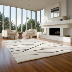 Obraz premium Modern minimalist living room with large windows, white armchairs, geometric rug, wooden floor, and natural light create serene atmosphere