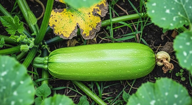 Green zucchini squash growing in garden with leaves and stems around it in soil
