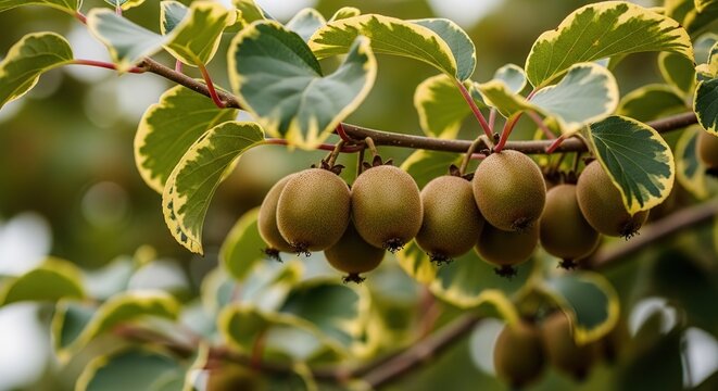 Kiwifruit on a tree branch with green leaves and yellow edges  kiwi fruit growing