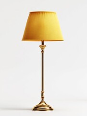 Obraz premium Elegant Golden Floor Lamp with Textured Yellow Shade Illuminated Brightly in Studio Lighting