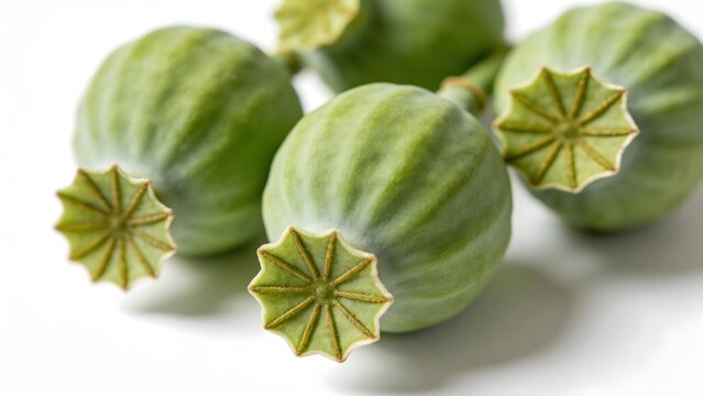Green poppy seed pods on white background