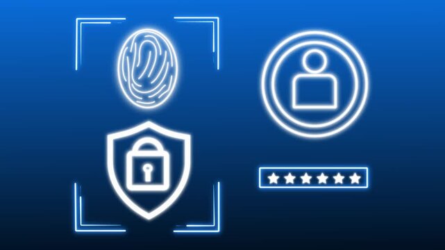 Glowing neon cybersecurity UI with fingerprint scan frame, shield padlock icon, user avatar and password rating stars on blue gradient background.