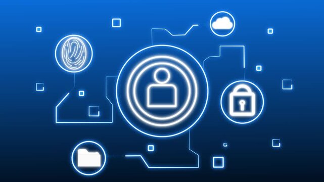 Abstract blue cybersecurity interface with glowing user icon and connected symbols for fingerprint, cloud, folder and padlock on digital network background.