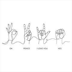 Fototapeta premium Four hands making signs for OK peace I love you yes in line art style