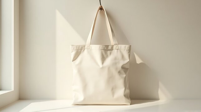 Cream Tote Bag Hanging by Window Shelf