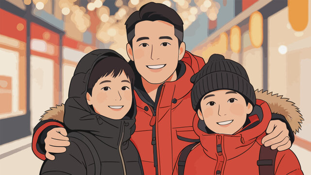 Happy father and two sons taking festive street portrait