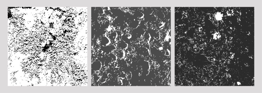 Set of three grayscale texture panels with speckled, layered, and fine-grained patterns, abstract distressed surfaces for artistic, graphic, or design use