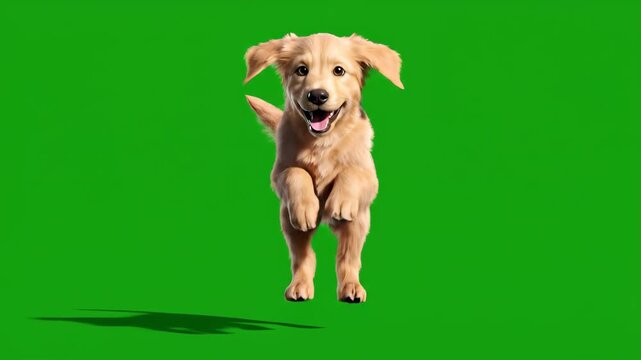 Energetic golden retriever puppy showcasing playful jumps and happy movements on a chroma key background.
