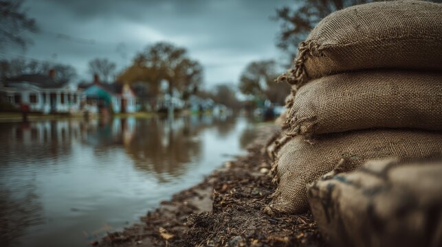 Close-up of sandbags guarding a flooded street with distant waterlogged homes
