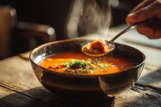 Close-up of tomato soup with chickpeas and chorizo, parsley garnish, hand holding a spoon in a ceramic bowl