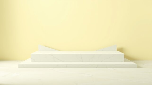 Minimalist stage setup. White platforms rise from light yellow surface. Clean presentation space for product display or art.
