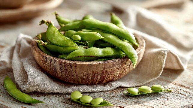 Close-up of vibrant green broad beans in pods on a wooden surface
