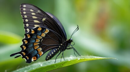 Fototapeta premium Close-up photograph of a female eastern black swallowtail butterfly resting on a green leaf in soft garden light