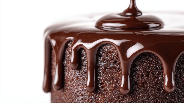 Close-up photograph of glossy chocolate pouring over the top of a cake on a white background