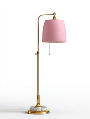 Obraz premium Elegant Pink Fabric Desk Lamp With Gold Accents And Marble Base Illuminated White Background