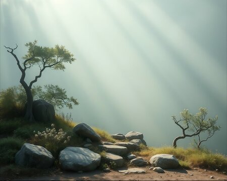 Dramatic sunbeams over rocky hillside with twisted trees and mist on serene landscape background
