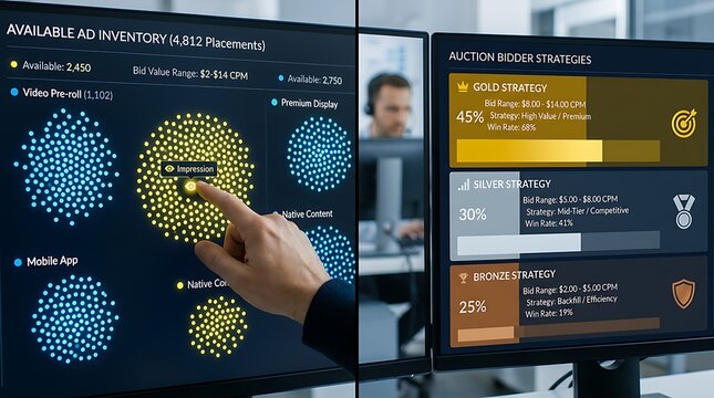 Fingertip pointing at a display screen showing digital advertising inventory and auction bidder strategies data visualization