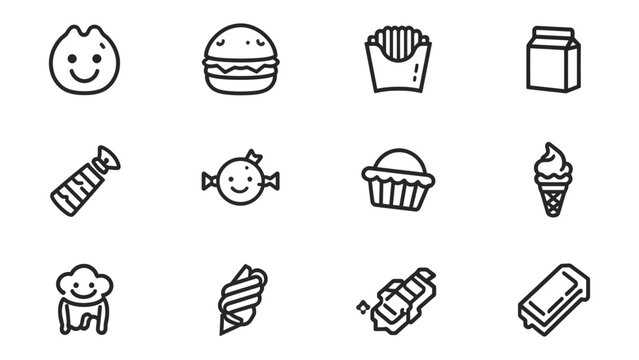 Food Icons Set: A collection of simple line-art icons representing a variety of food items, including a dumpling, burger, fries, milk, candy, cupcake, ice cream, and a chocolate bar.
