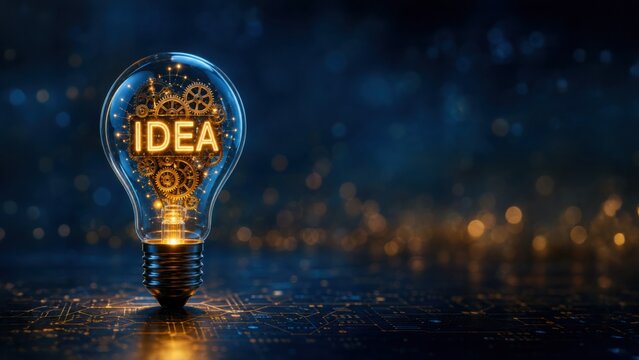 A glowing light bulb with the word "IDEA" illuminated inside, surrounded by a dark background and subtle bokeh effects, symbolizing creativity and innovation.
