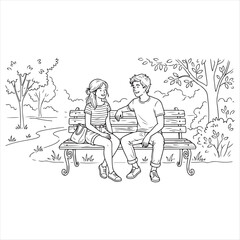 Obraz premium Young couple sitting on a park bench talking to each other happily outdoors