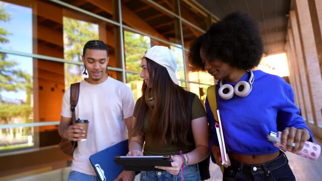 Diverse university students walking and talking on campus