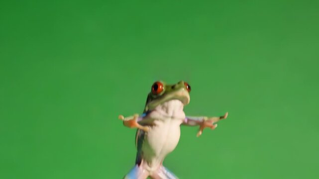 Red-eyed tree frog jumping on green screen background in slow motion