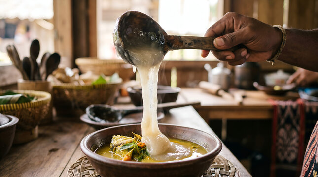 Papeda being served showing flowing texture, ideal for food storytelling, advertising, and culinary visuals.