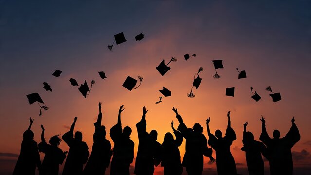 Graduation ceremony silhouettes throwing caps in the air at sunset