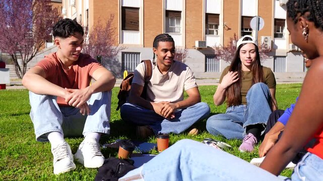 Diverse group of university students talking on campus lawn