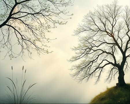 Silhouetted trees on misty hill with dramatic sky and grass foreground on serene landscape background