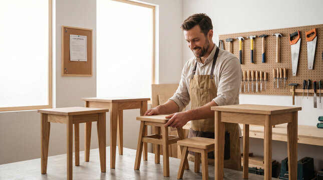 Micro loan recipient carpenter arranging handmade furniture in small rented workshop, loan approval letter pinned to wall, tools organized o 2