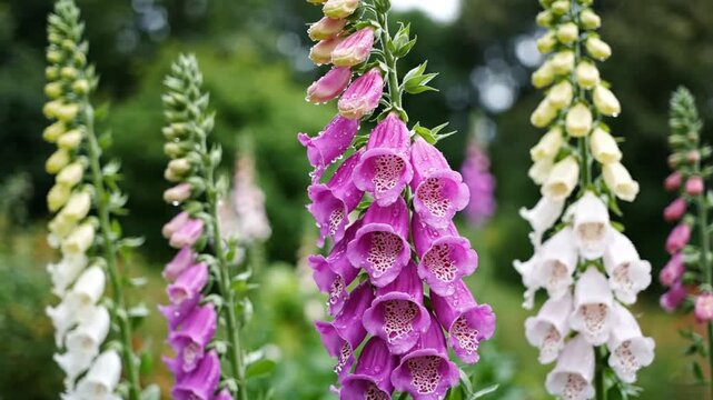 Blooming foxglove flowers in summer garden, vibrant purple and white digitalis purpurea blossoms, tall floral spikes in botanical meadow