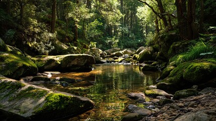 A serene forest stream with moss-covered rocks and trees reflected in the calm water © Honey