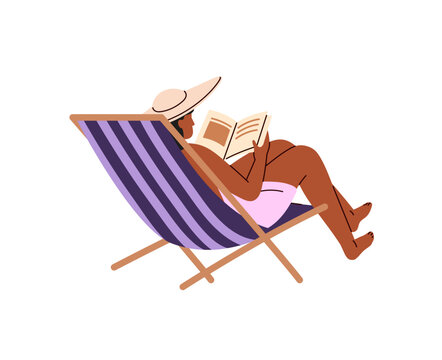 Woman relaxes in chaise lounge and gets sun tan on beach. Girl is sunbathing on deck chair in sea resort. Person is on sunbed in summer vacations. Flat isolated vector illustration on white background