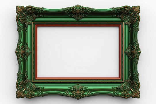 Green antique picture frame with ornate detailing, isolated on a white background
