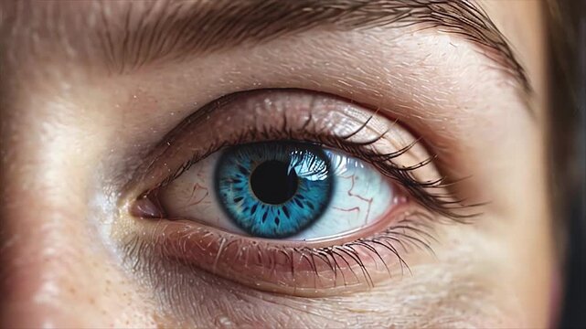 Human eye AI video extreme close up blue iris sharp eyelashes frontal intense stare